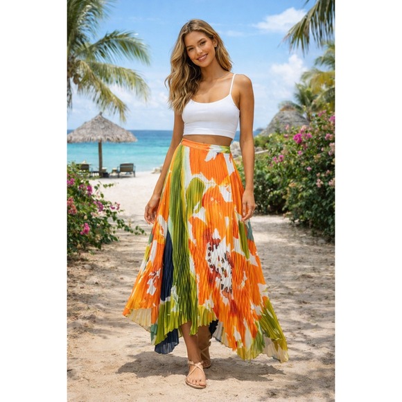 Alice + Olivia Sunburst Katz Pleated Maxi Skirt Boho Resort Size 6 Artsy Mermaid